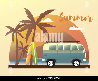Retro poster with a bus on the background of mountains and the sun. Summer trip to the sea. Surfboard. Vector Stock Vector