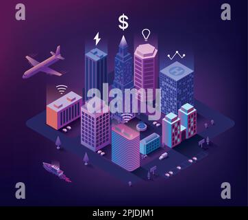 Isometric buildings. 3D smart city in neon night with planes and cars. Modern business. Communication technology. Downtown skyscrapers. Urban architecture. Houses and roads. Intelligent vector concept Stock Vector