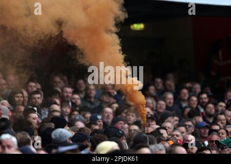 London, UK. 01st Apr, 2023. A flare at the Arsenal v Leeds United EPL match, at the Emirates Stadium, London, UK on April 1, 2023. Credit: Paul Marriott/Alamy Live News Stock Photo