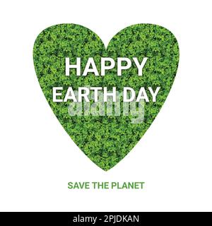 Happy Earth day card with green heart and Save the Planet text. Vector illustration. Stock Vector