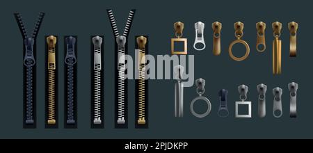 Metal zippers. Clothing fastener. Bag zip accessories. Handle metalled golden and plastic tooth for leather hardware. Pocket fastening. Fabric clothes ziplock. Vector isolated 3D jackets clasps set Stock Vector