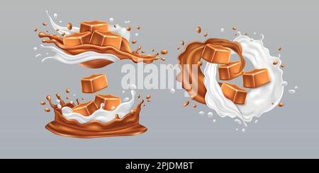 Caramel candy, toffee in milk splash. Yogurt swirl and drips, realistic butter wave twirl, Swirl confectionery melting liquid in motion with sugar cubes, sweet milky food. Vector isolated 3d elements Stock Vector
