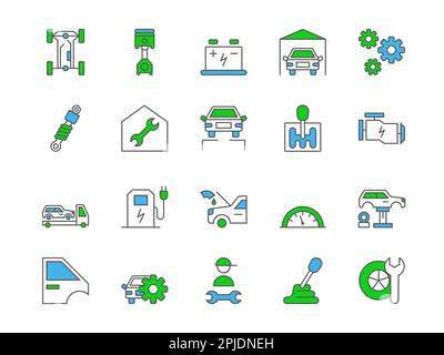 Car service icons. Auto parts. Mechanic workshop. Transport insurance. Automobile wash and charge isolated logo. Automotive wheel change. Vehicle repair color symbols. Vector flat lines pictograms set Stock Vector