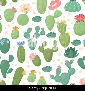 Green cactus pattern, different plants. Bright paper wrap paper design, cute summer print, cute succulents and flowers. Decor textile, wrapping and wallpaper. Vector seamless houseplants illustration Stock Vector