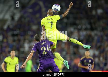 April 1, 2023: Orlando, Florida, USA: Nashville SC midfielder FABRICE-JEAN FAFA PICAULT (7) jumps for the ball during the MLS Orlando City vs Nashville SC soccer match at Exploria Stadium in Orlando. Nashville won 2-0. (Credit Image: © Cory Knowlton/ZUMA Press Wire) EDITORIAL USAGE ONLY! Not for Commercial USAGE! Stock Photo