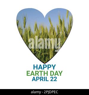 Happy Earth Day greeting card with green wheat field in heart shape. Vector illustration Stock Vector