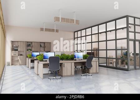 3D office interior, work place, computers, tables and cabinets. Recreation area for employees. Stock Photo
