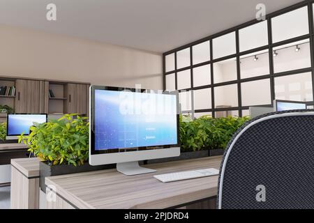 3D office interior, work place, computers, tables and cabinets. Stock Photo