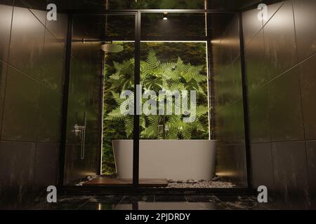 3D rendering of bathroom interior, black toilet, dark design, minimalism, modern classics combined with tropical plants, nature, leaves on the wall, e Stock Photo