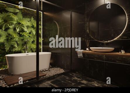 3D rendering of bathroom interior, black toilet, dark design, minimalism, modern classics combined with tropical plants, nature, eco style, trend. Stock Photo