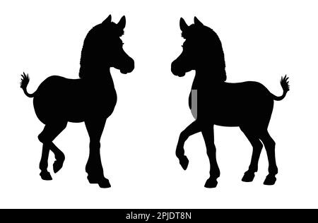 Black silhouette of foals. Drawing with funny horse. Template for children to cut out. Stock Photo