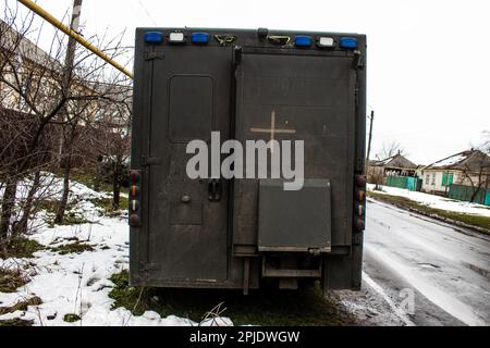 Military ambulance which is used by the medical team of the Carpathian Sich Battalion to evacuate wounded or killed Ukrainian soldiers from the front Stock Photo