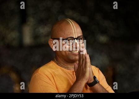 Indian monastic Gaur Gopal Das, reacts on the first day of the openings of Nita Mukesh Ambani cultural centre in Mumbai, India. 31st Mar, 2023. (Photo by Indranil Aditya/NurPhoto) Credit: NurPhoto SRL/Alamy Live News Stock Photo