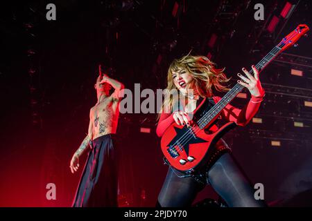 Bari, Italy. 31st Mar, 2023. The rock band Maneskin in concert in Bari at the Palaflorio on March 31st 2023. The Maneskin in concert at the Palaflorio in Bari with the Loud Kids Tour, have inflamed almost 6000 spectators between young people and parents. It remains the most loved band of the moment internationally (Photo by Davide Pischettola/NurPhoto) Credit: NurPhoto SRL/Alamy Live News Stock Photo