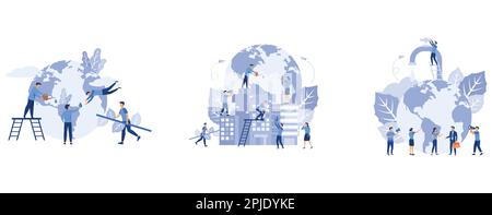 save the planet, save energy, the hour of the Earth, World Environment Day, vector,Bio technology, a city in the background of the planet, set flat ve Stock Vector