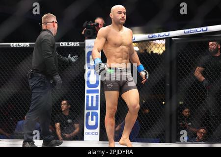 Las Vegas, NV, USA. 1st Apr, 2023. Featherweight Marlon Moraes walks to his corner during the PFL 1 Regular Season Fight Night at The Theater inside the Virgin Hotel on April 1, 2023 in Las Vegas, NV. Christopher Trim/CSM/Alamy Live News Stock Photo