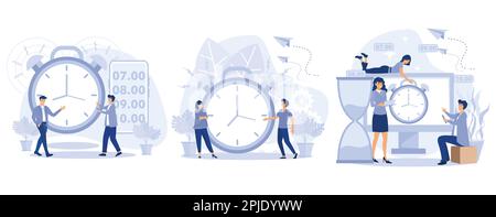 Alarm clock rings. Wake up. Good morning concept. Tiny people wake up in morning and follow routine of day. Beginning of new day. set flat vector mode Stock Vector