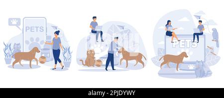 Pets care. Pet shop. Tiny people and Pets Concept, set flat vector modern illustration Stock Vector