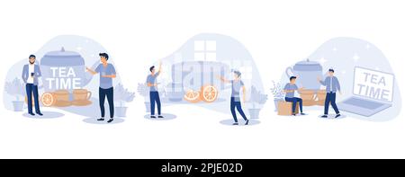 Tea time concept. Hot drinks party. Tiny people drinking tea. Kettle, cup, lemon slice and sugar cubes, set flat vector modern illustration Stock Vector