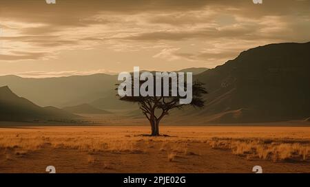 Minimalistic landscape Photography of a tree in the savanna of africa, mountains in the background Stock Photo