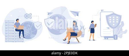Internet security settings, Proxy server, VPN access, secure web traffic, IP address, network access, connectivity, encrypted data transfer, set flat Stock Vector
