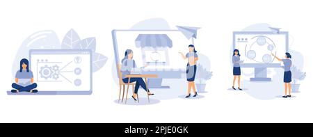 Online business, Drop servicing, domain flipping, business opportunity, outsource, drop shipping, web hosting, social media sales,set flat vector mode Stock Vector