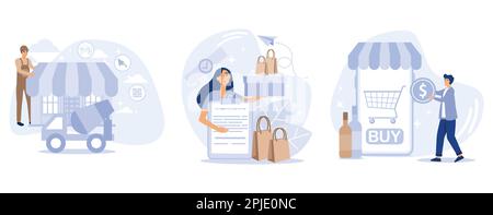 Retail business concept, Brick and mortar, authorized seller, alcohol E-commerce, manufacture license, commercial partnership, liquor store, set flat Stock Vector