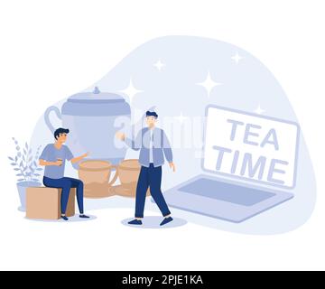 Tea time concept. Hot drinks party. Tiny people drinking tea. Kettle, cup, lemon slice and sugar cubes. flat vector modern illustration Stock Vector