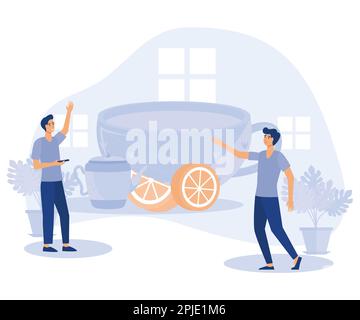 Tea time concept. Hot drinks party. Tiny people drinking tea. Kettle, cup, lemon slice and sugar cubes. flat vector modern illustration Stock Vector