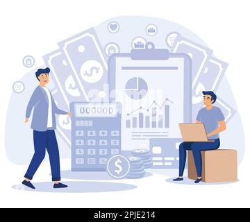 Budget management. Personal financial control. Cash flow. Tiny people is planning the personal budget. flat vector modern illustration Stock Vector