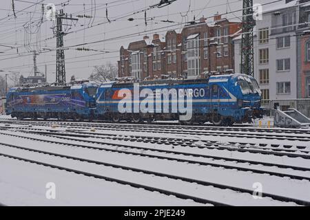 RTB Cargo electric locomotives at Aachen Railway Station in the snow, Germany, January 2022 Stock Photo
