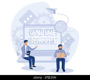 Online survey concept. Tiny people filling online survey form on smartphone or laptop. Feedback service. flat vector modern illustration Stock Vector