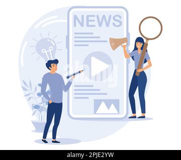 Online news mobile app, tiny people read live publication and articles in newspaper, holding magnifying glass and light bulb, flat vector modern illus Stock Vector