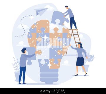 Business teamwork on creative light bulb puzzle, people connecting pieces of big lamp together, partnership and creativity, flat vector modern illustr Stock Vector