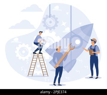 Rocket launch, teamwork of business people on new product startup, start investment project or company, flat vector modern illustration Stock Vector