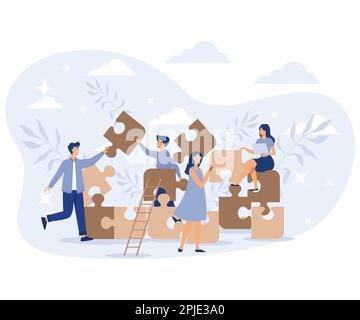 Community of business people building teamwork and cooperation. corporate employee connect and match puzzle parts together, flat vector modern illustr Stock Vector