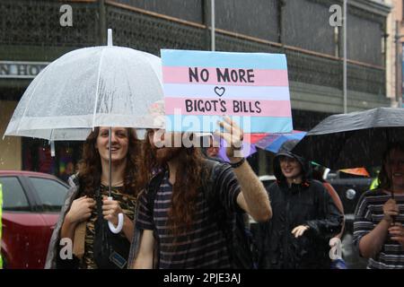 Sydney, Australia. 2nd April 2023. Protesters take part in the Transgender Day of Visibility rally and marched from The Hub in Newtown to Victoria Park, Camperdown. Credit: Richard Milnes/Alamy Live News Stock Photo