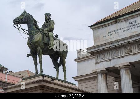 Equestrian monument to Giuseppe Garibaldi, 1893, by Augusto Rivalta in front of Carlo Felice Theatre, Genoa, Italy Stock Photo