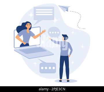young man with laptop working on site drag the result of work, freelance character employee, social online chat, debug, flat vector modern illustratio Stock Vector
