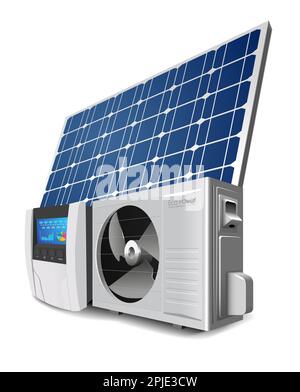 Heat pump, inverter and solar panel as a green energy system concept Stock Photo