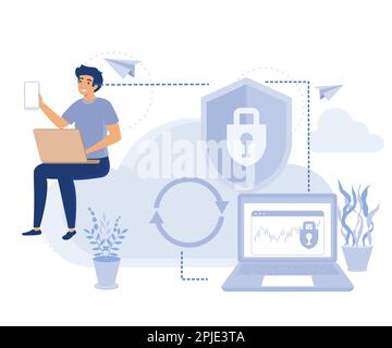 Cloud software concept, SaaS technology, cloud computing security, cloud based engine, data protection, virtual application, flat vector modern illust Stock Vector