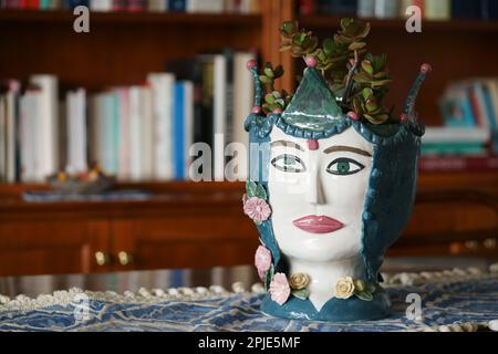 Handmade Italian Ceramics art decoration, pot with plant, arredo and design, house, libruary, Italy Stock Photo