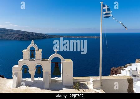 Three Bells of Fira, iconic blue domed church at dusk, Fira, Santorini ...