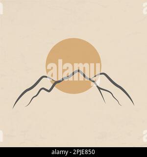 Abstract textured mountain landscape poster. Modern linear background with sun moon mountains, minimalist wall decor. Stock Vector