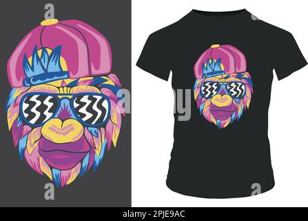 Colorful portrait of a gorilla wearing a snapback hat, in a trippy style. Vector illustration tshirt desing. Stock Vector