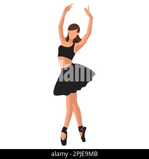 Vector illustration classical ballet. Caucasian white woman ballet dancer in black tutu and pointe shoes dancing on white background. Beautiful young faceless ballerina in a flat style Stock Vector