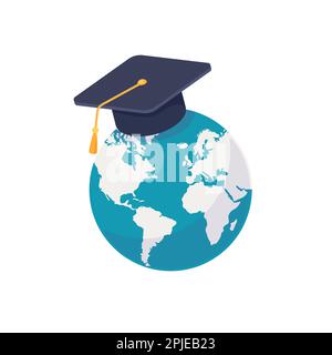 Earth globe in academic mortarboard graduation cap. Vector illustration isolated on white background Stock Vector