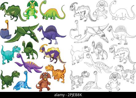 Set of colorful dinosaurs and sketches for kids coloring book isolated on white background. Vector illustration Stock Vector
