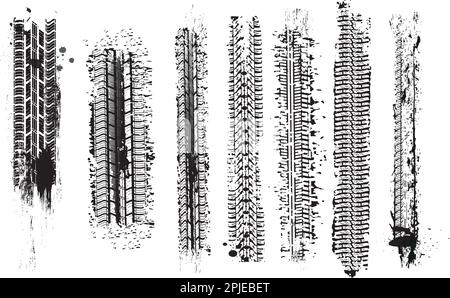 Set of grungy silhouette of dirty vehicle tyre tracks. Vector illustration Stock Vector