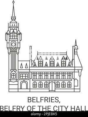 Belgium, Belfries, Belfry Of The City Hall travel landmark vector illustration Stock Vector